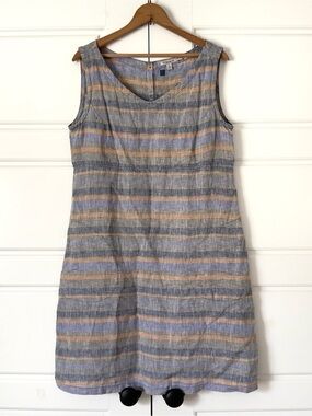 Toad Co Linette Striped Linen Dress Medium Blue Yellow Pockets Granola Coastal